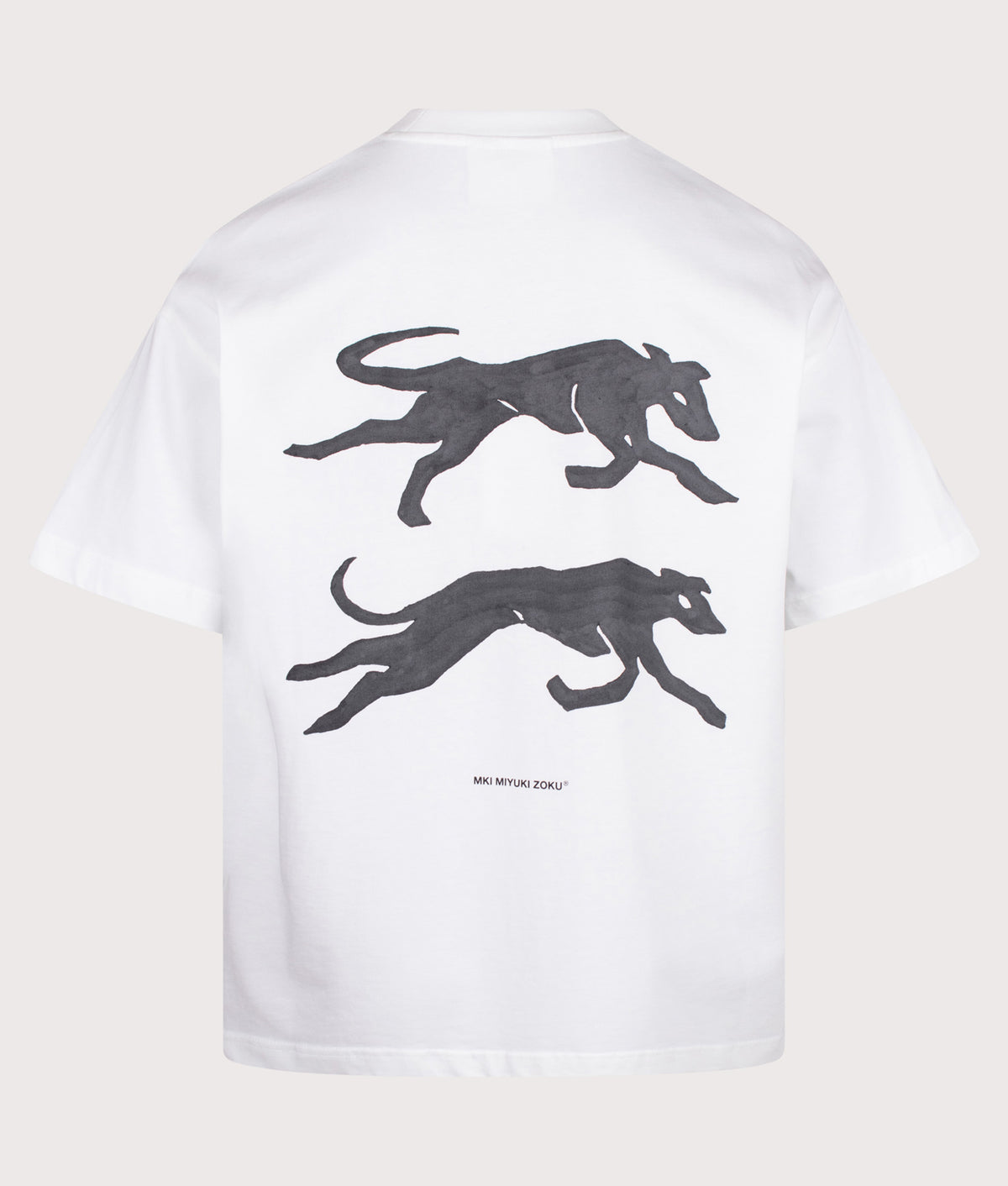 MKI MIYUKI ZOKU Oversized Box Fit Greyhound T-Shirt in White at EQVVS Menswear. Back shot.