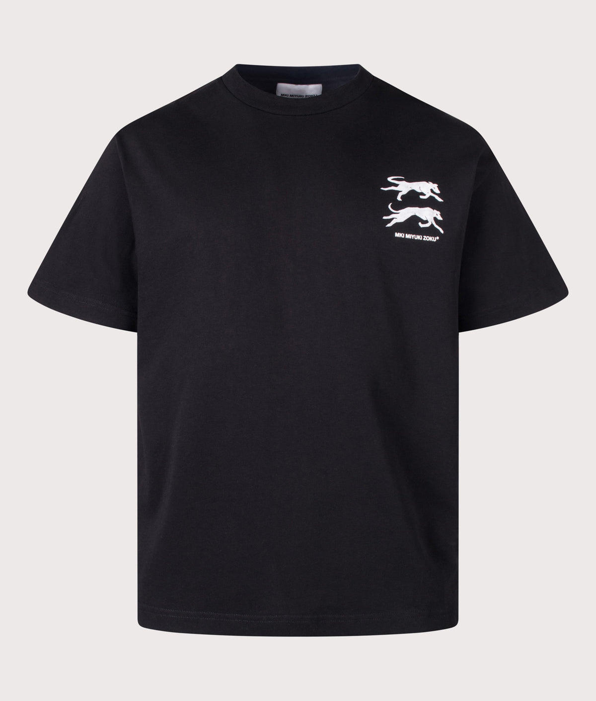 MKI MIYUKI ZOKU Oversized Box Fit Greyhound T-Shirt in Black at EQVVS Menswear. Front shot.