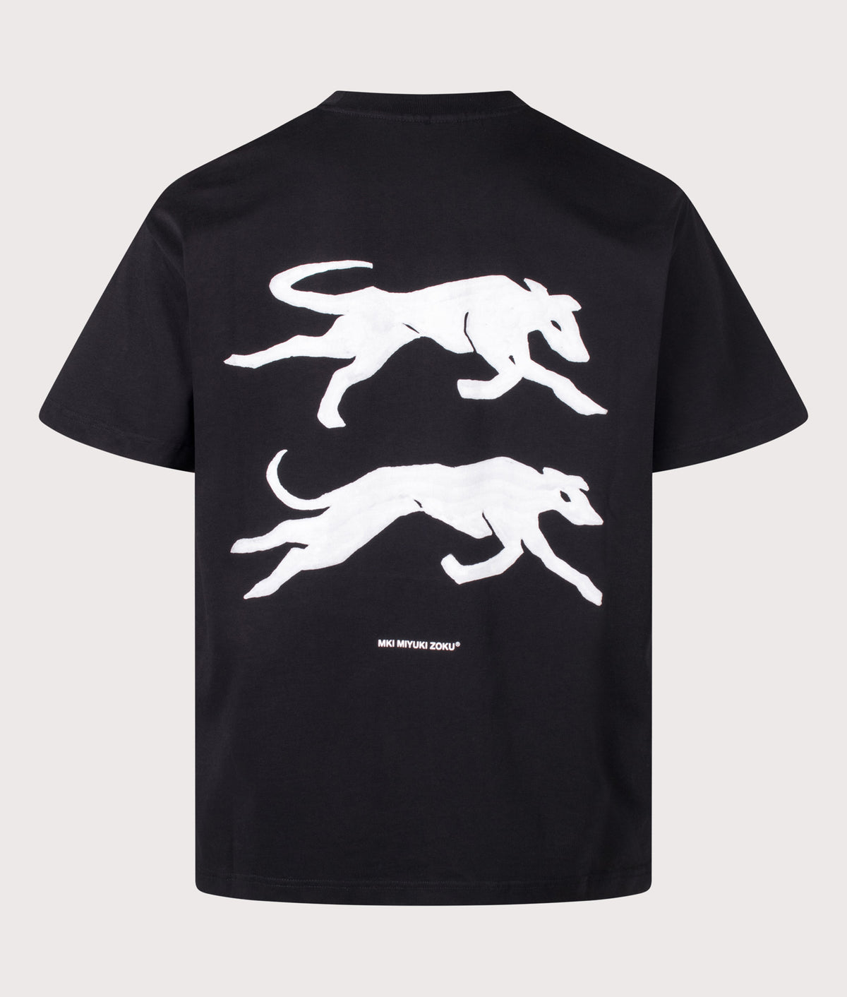 MKI MIYUKI ZOKU Oversized Box Fit Greyhound T-Shirt in Black at EQVVS Menswear. Back shot.