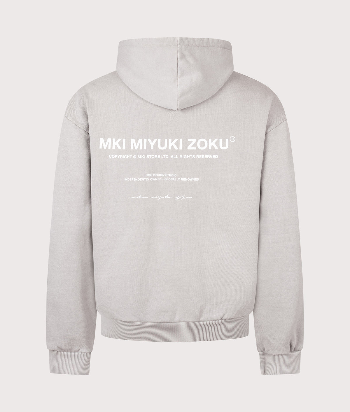 MKI MIYUKI ZOKU Oversized Box Fit Design Studio Hoodie in Pigment Stone at EQVVS Menswear. Back shot.