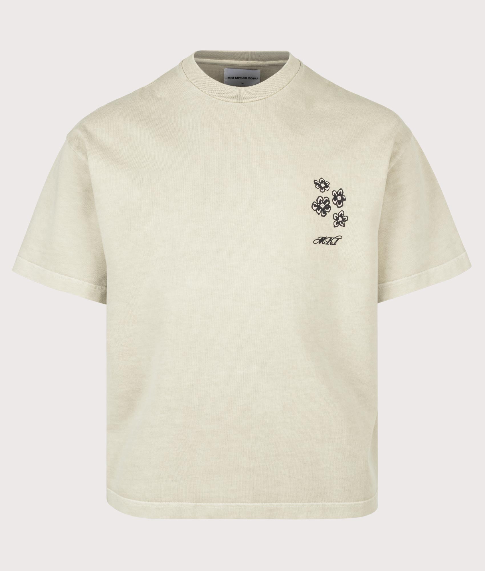 MKI MIYUKI ZOKU Box Fit Hibiscus T-Shirt in Pigment Cement at EQVVS Menswear. Front shot.