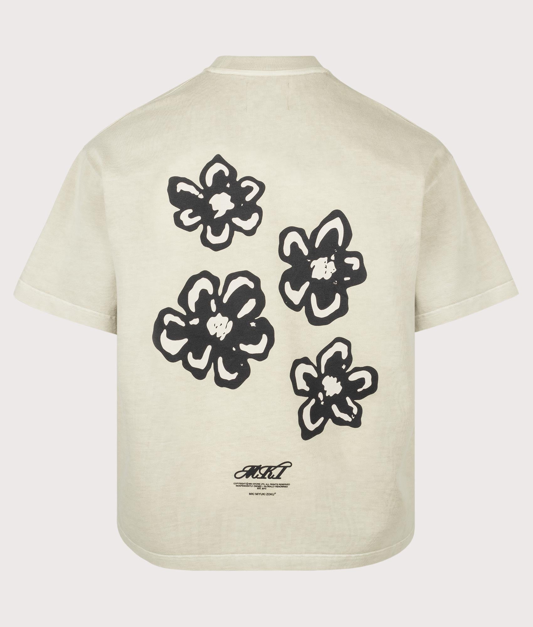 MKI MIYUKI ZOKU Box Fit Hibiscus T-Shirt in Pigment Cement at EQVVS Menswear. Back shot.