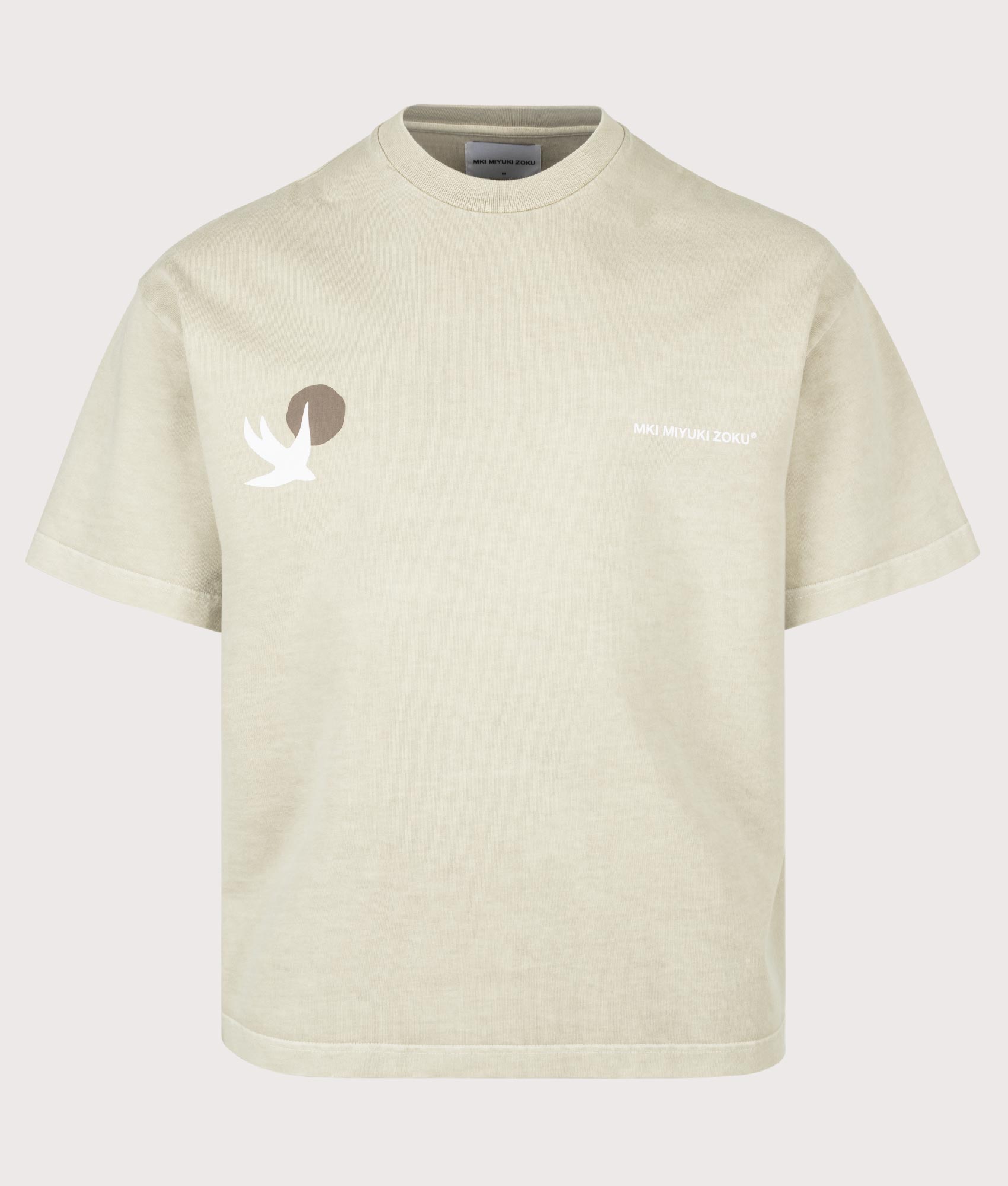 MKI MIYUKI ZOKU Oversized Swallow T-Shirt in Pigment Cement at EQVVS Menswear. Front shot.