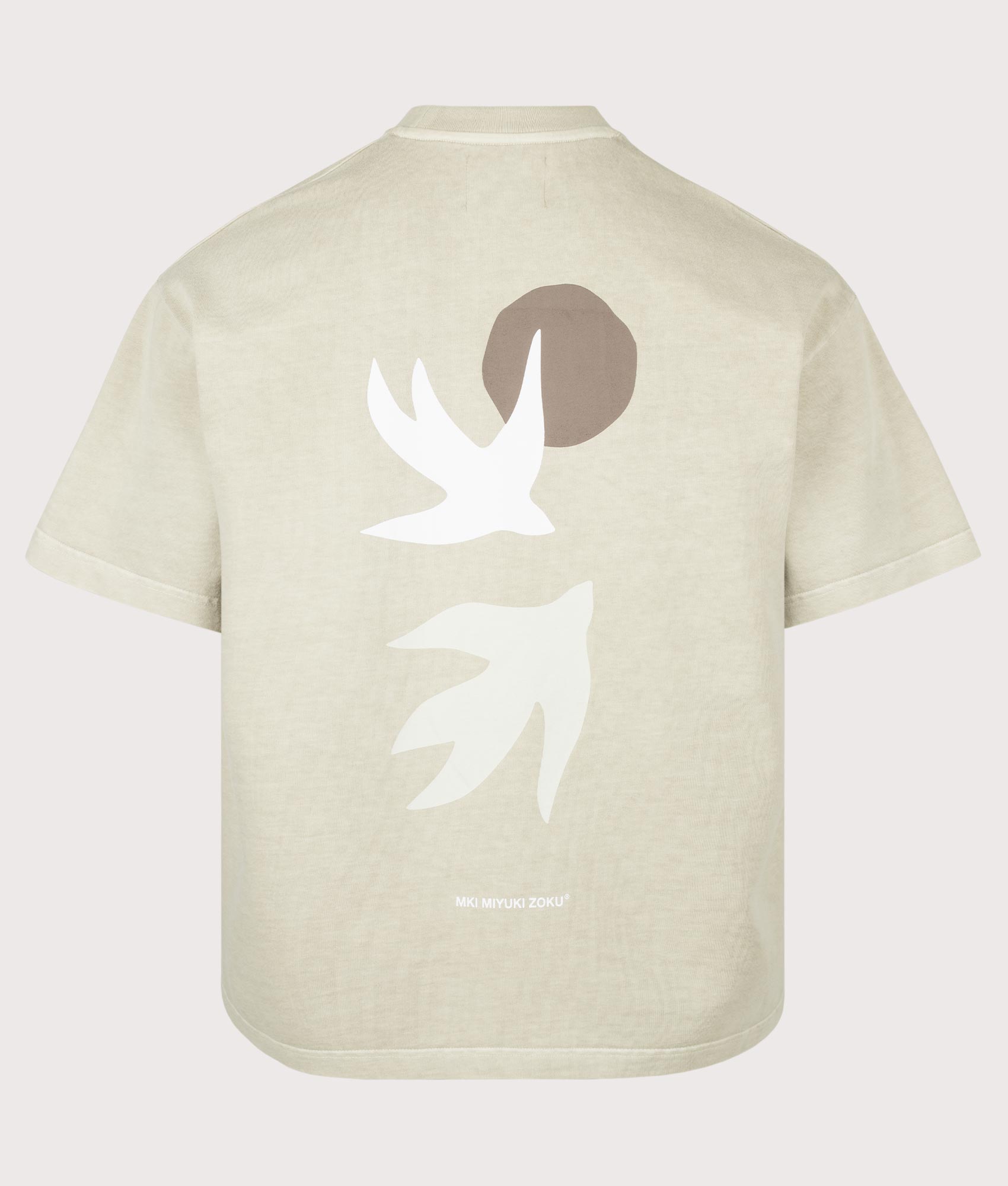 MKI MIYUKI ZOKU Oversized Swallow T-Shirt in Pigment Cement at EQVVS Menswear. Back shot.