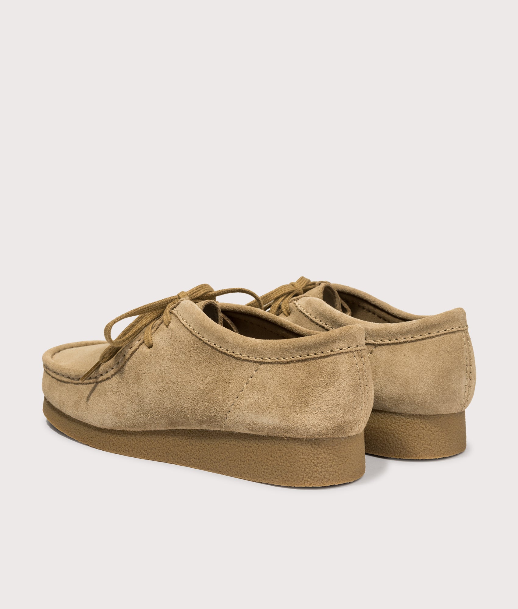 Clarks Originals Wallabee EVO in Dark Sand Suede at EQVVS Menswear. Angled back shot.