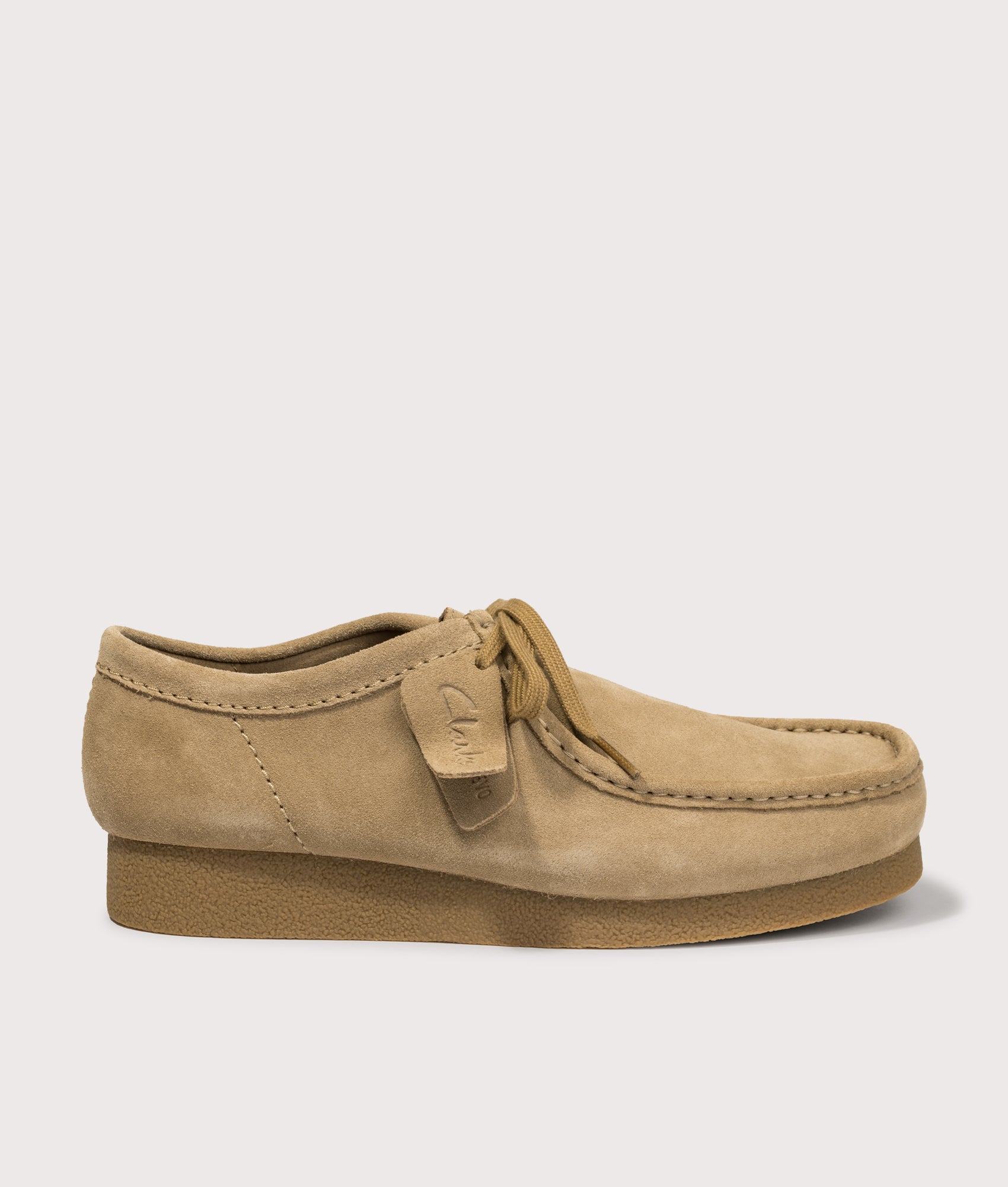 Clarks Originals Wallabee EVO in Dark Sand Suede at EQVVS Menswear. Side shot.