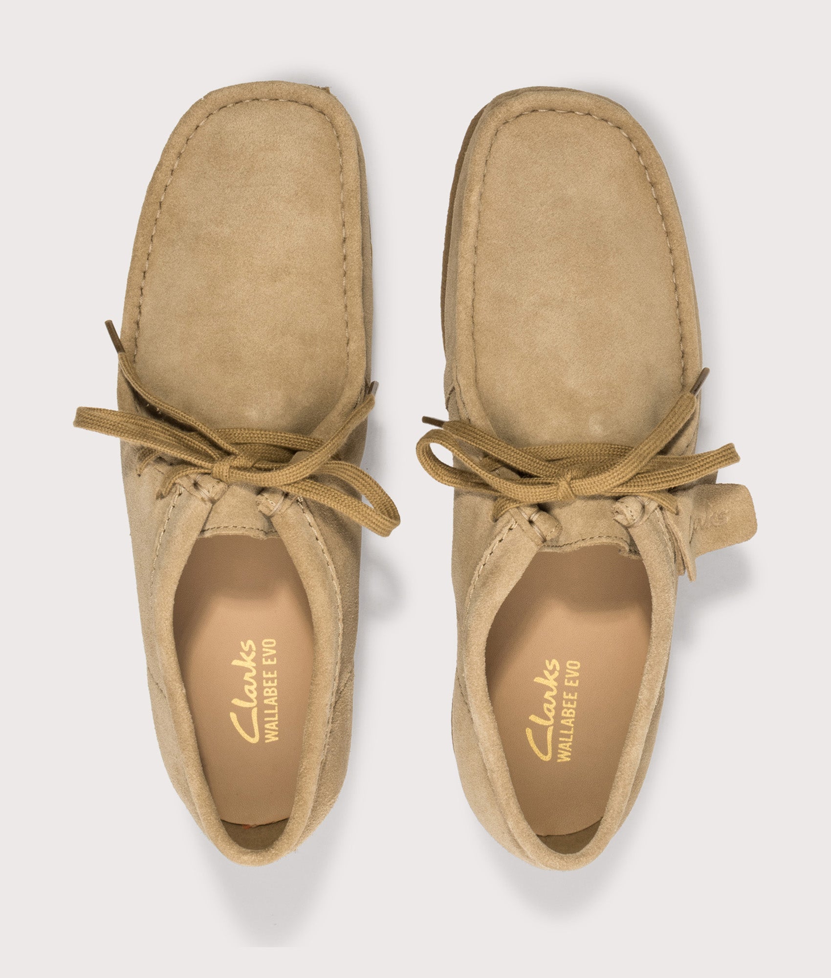 Clarks Originals Wallabee EVO in Dark Sand Suede at EQVVS Menswear. Top shot.
