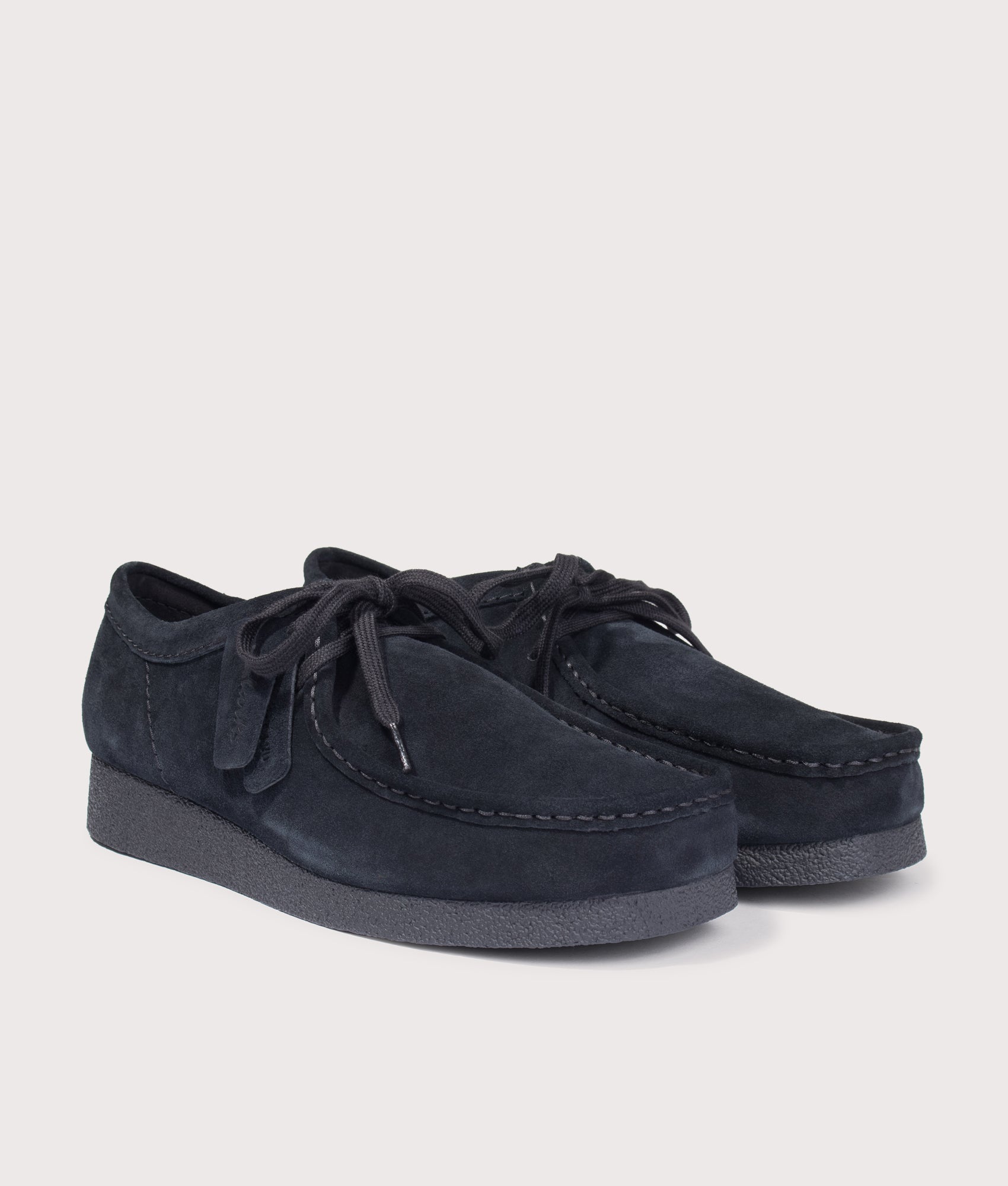 Clarks Originals Wallabee EVO in Dark Black Suede at EQVVS Menswear. Angled front shot.