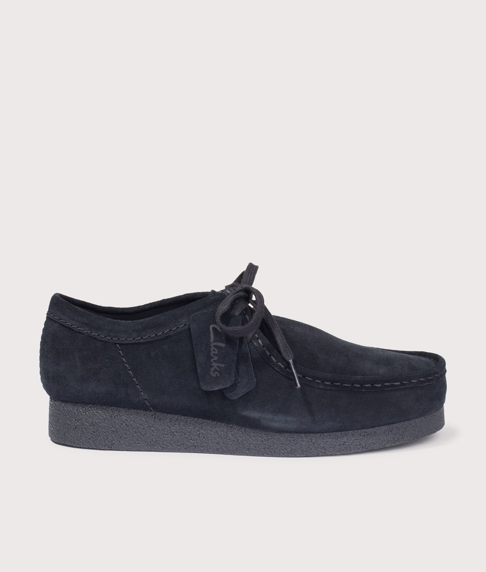 Clarks Originals Wallabee EVO in Dark Black Suede at EQVVS Menswear. Side shot.