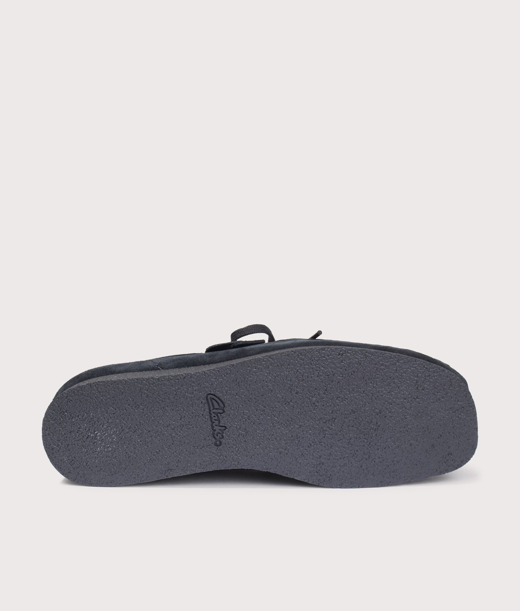Clarks Originals Wallabee EVO in Dark Black Suede at EQVVS Menswear. Tread shot.