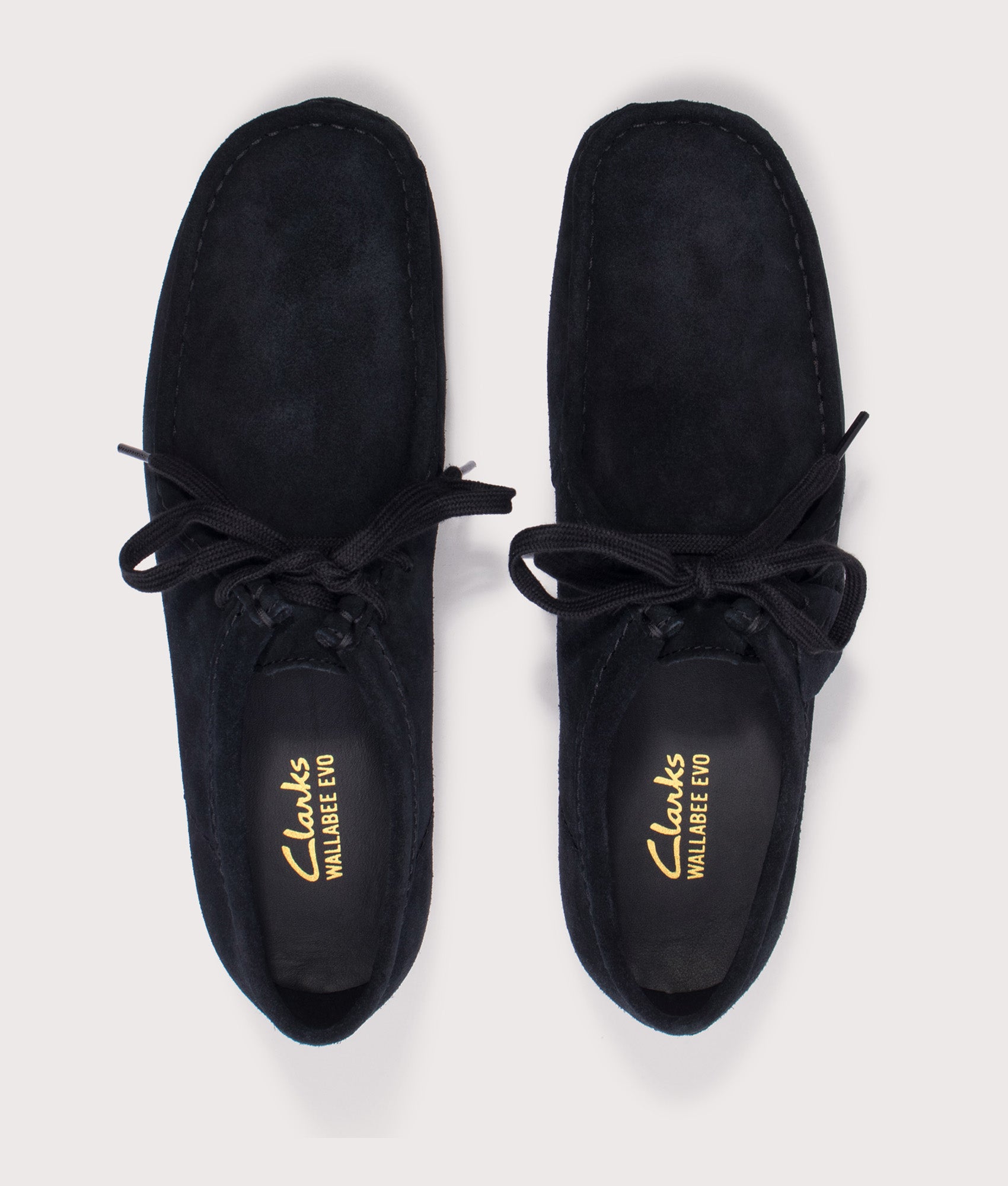 Clarks Originals Wallabee EVO in Dark Black Suede at EQVVS Menswear. Top shot.