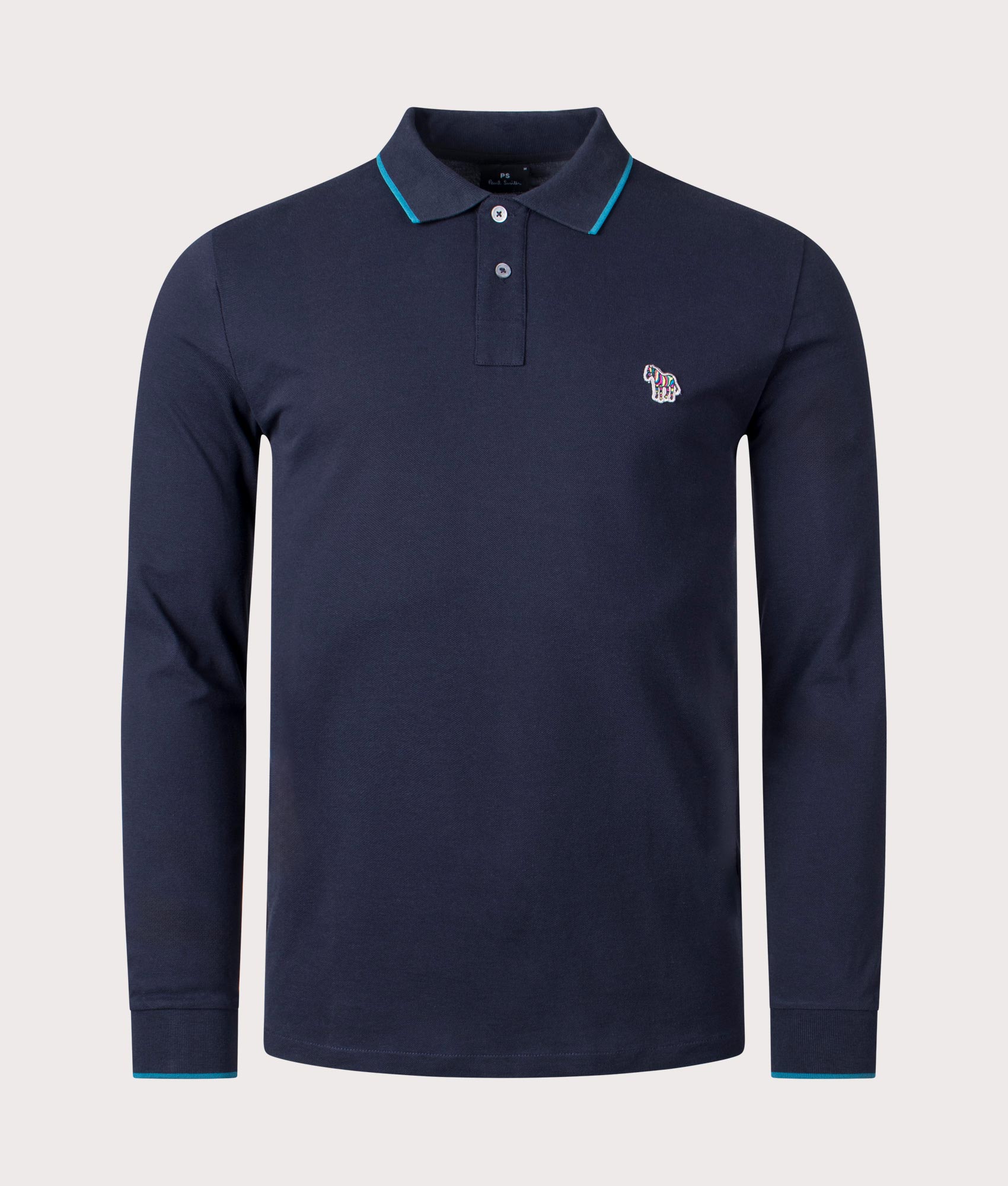 PS Paul Smith Long Sleeve Zebra Badge Polo Shirt in Navy Blue Front Shot at EQVVS