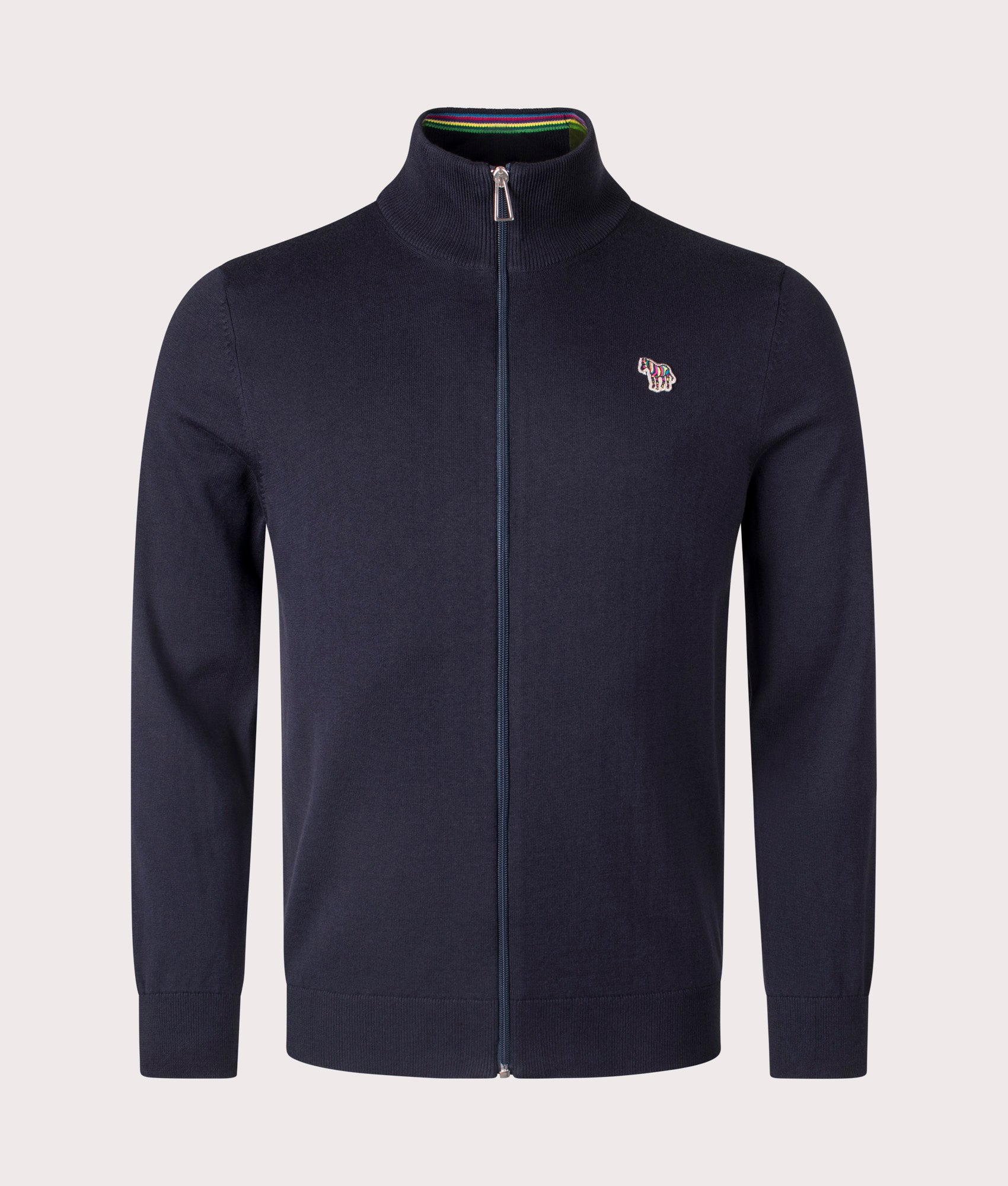 Paul Smith, Zip Through Zebra Badge Cardigan, very dark navy, Eqvvs Menswear, front shot angle