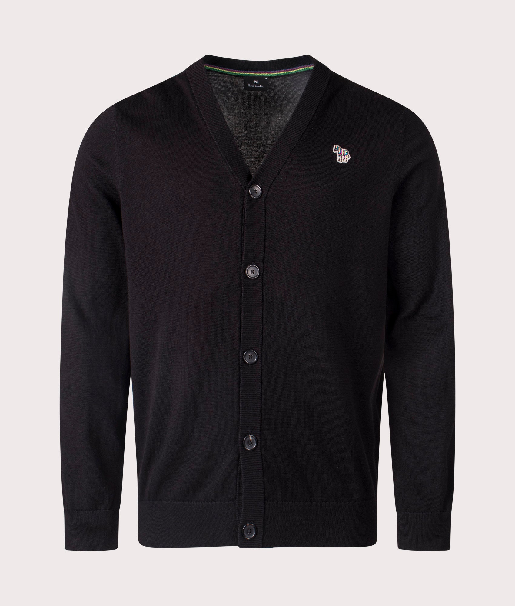 Paul Smith, Button Down Zebra Badge Cardigan in Black at EQVVS Menswear. Front shot.