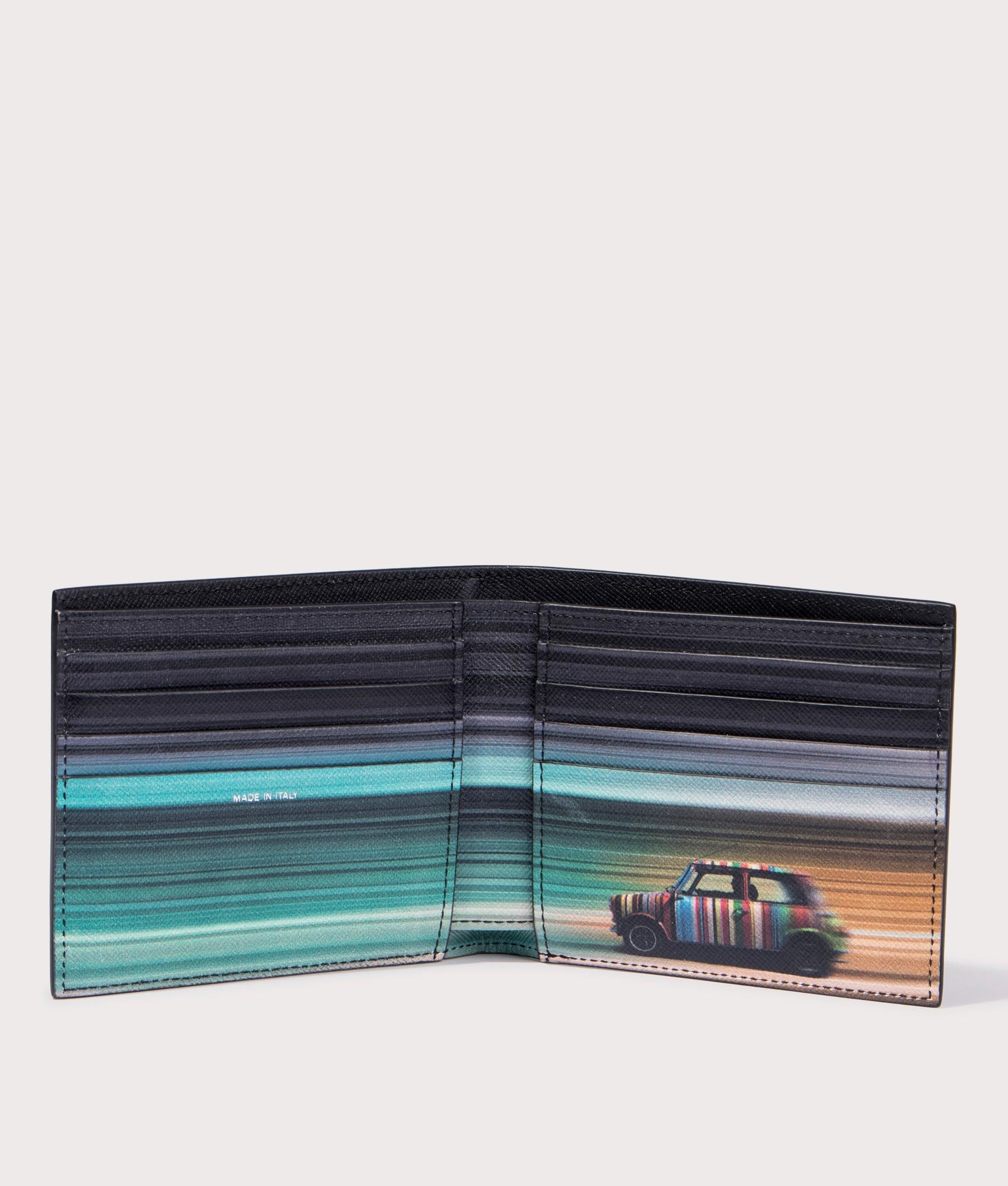 PS Paul Smith Wallet Billfold in Black with Stripy Car Inner Design Inside Shot at EQVVS