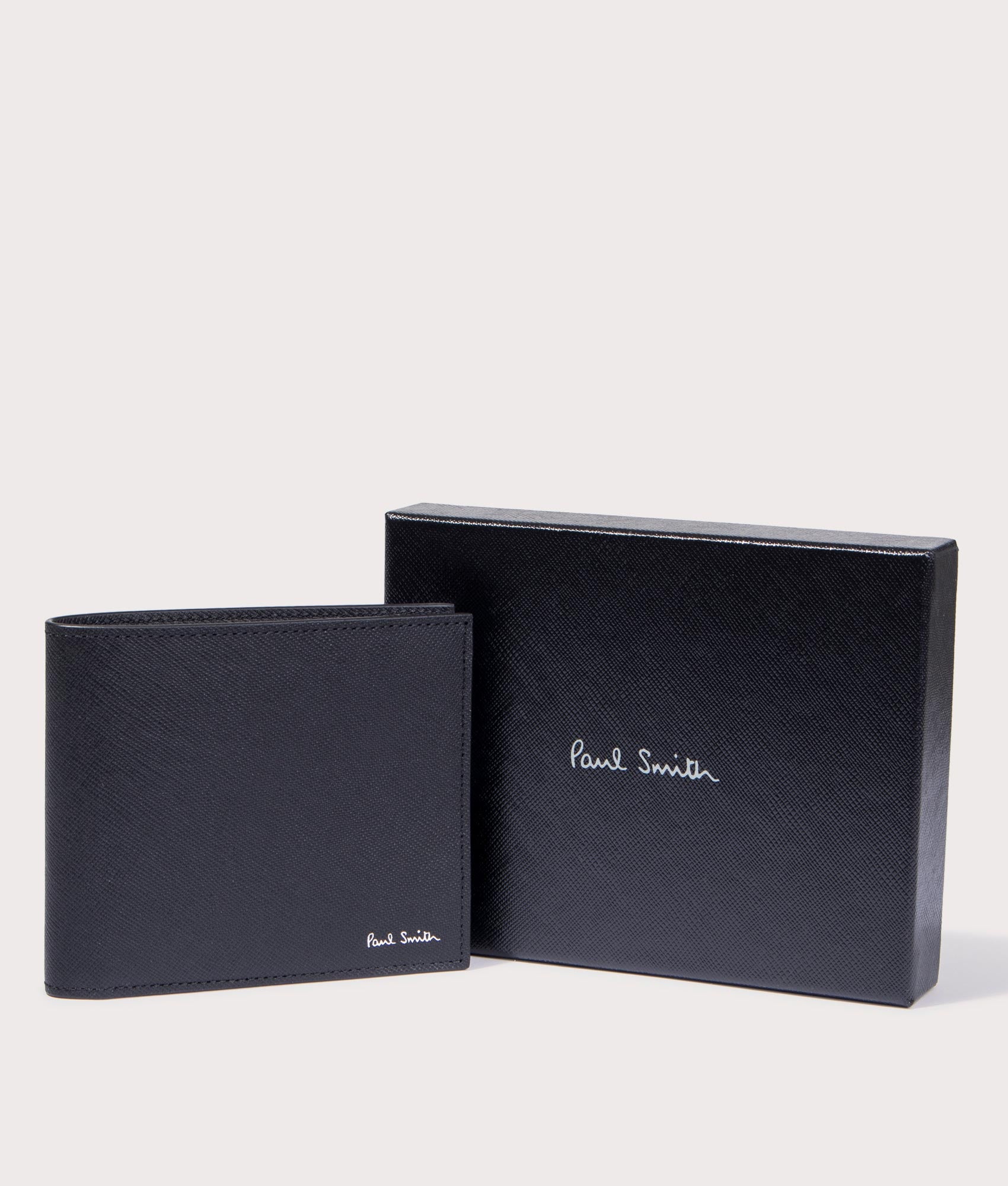PS Paul Smith Wallet Billfold in Black with Stripy Car Inner Design Box Shot at EQVVS