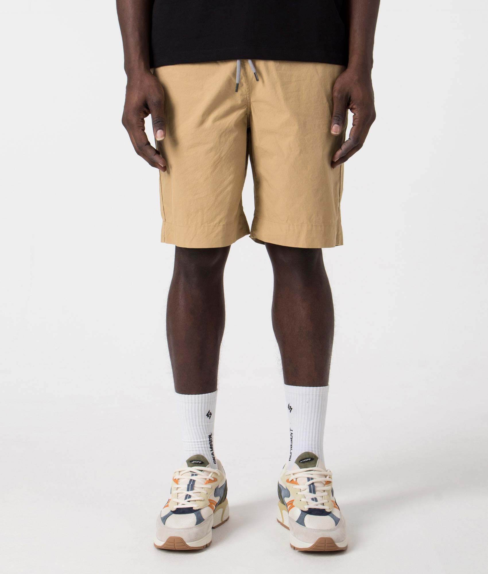 Drawstring Shorts in Tan by PS Paul Smith. EQVVS Front Angle Shot.
