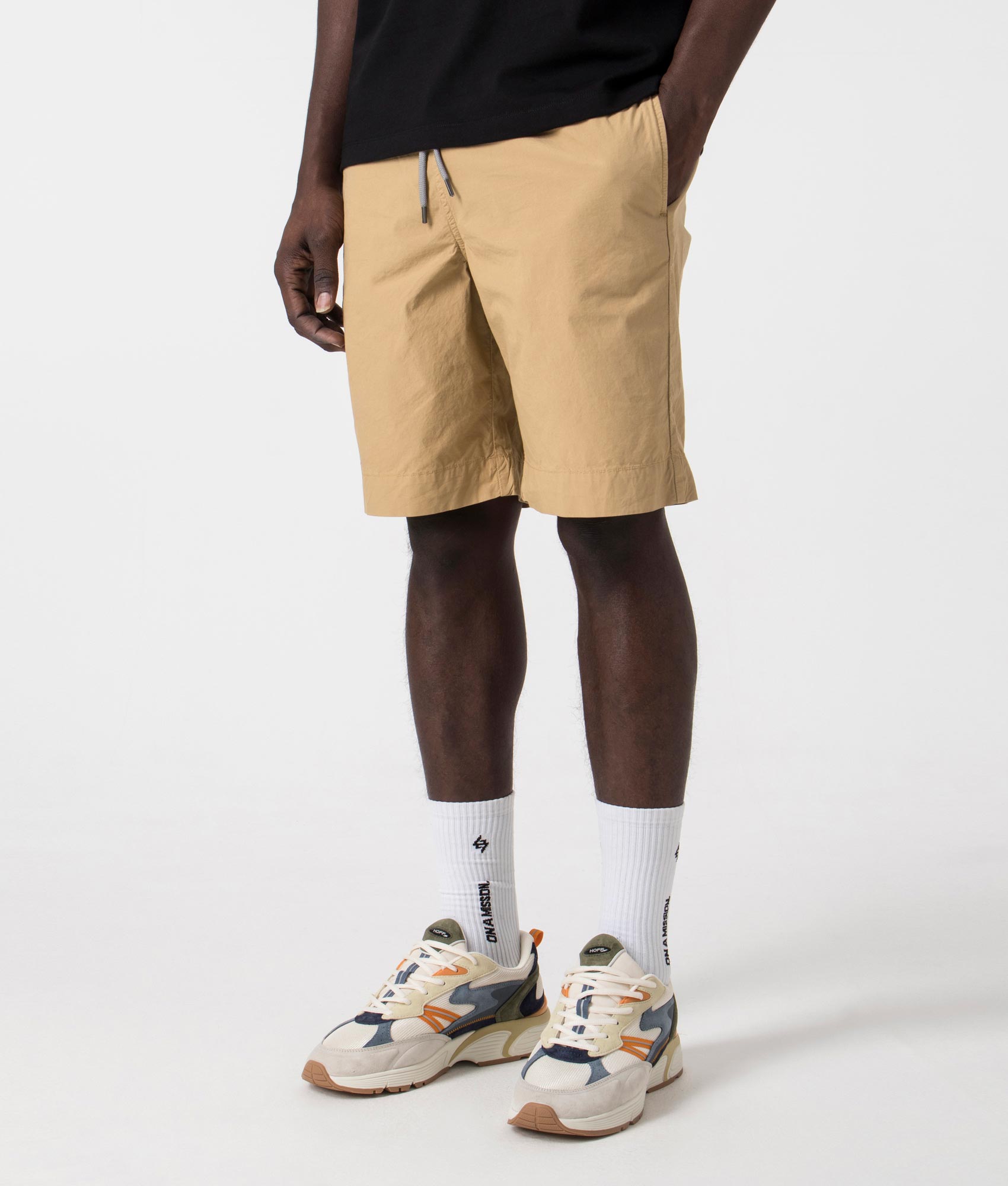 Drawstring Shorts in Tan by PS Paul Smith. EQVVS Side Angle Shot.
