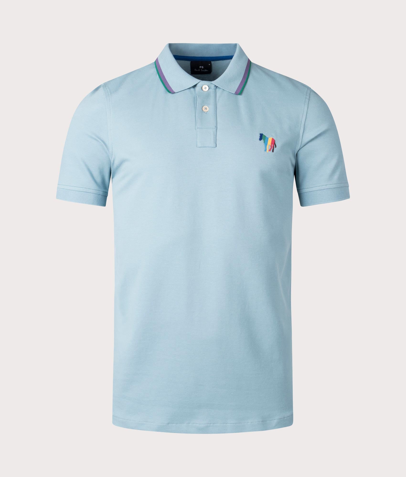 PS Paul Smith Zebra Emblem Polo Shirt in Cobalt Blue with Purple and Green Collar, 90% Cotton 55 Elastane Front Shot at EQVVS