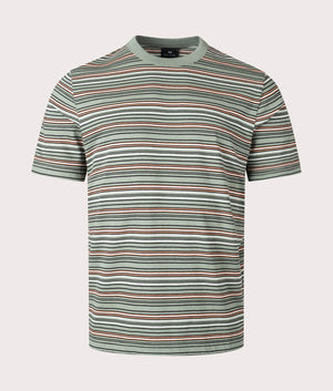 PS Paul Smith Stripe T-Shirt in light Greying Green, Black and Orange Front Shot at EQVVS