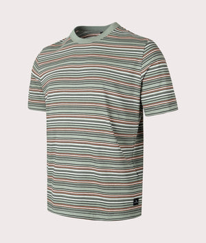 PS Paul Smith Stripe T-Shirt in light Greying Green, Black and Orange Angle Shot at EQVVS
