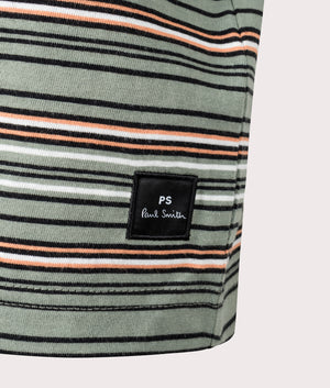 PS Paul Smith Stripe T-Shirt in light Greying Green, Black and Orange Detail Shot at EQVVS
