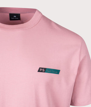 PS Paul Smith PS Tilt T-Shirt in Pink with Black and Green branding on the Chest Detail Shot at EQVVS