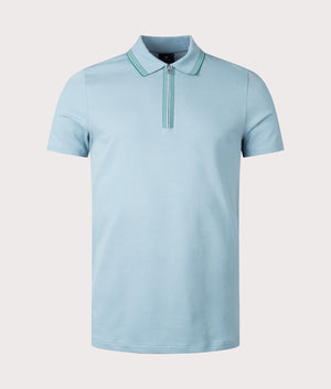 PS Paul Smith Zip Neck Polo Shirt in Cobalt Blue with Green Collar Detail Front Shot at EQVVS