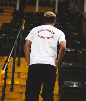 PS Paul Smith Happy Eye T-Shirt in White with Black and Red Back Print, 100% Organic Cotton Campaign Shot EQVVS