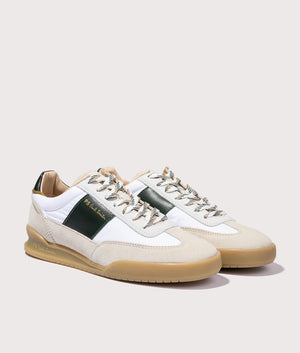 PS Paul Smith Dover White Green Tab Trainers in White, Beige and Black, made of Suede and Leather Angle Shot at EQVVS