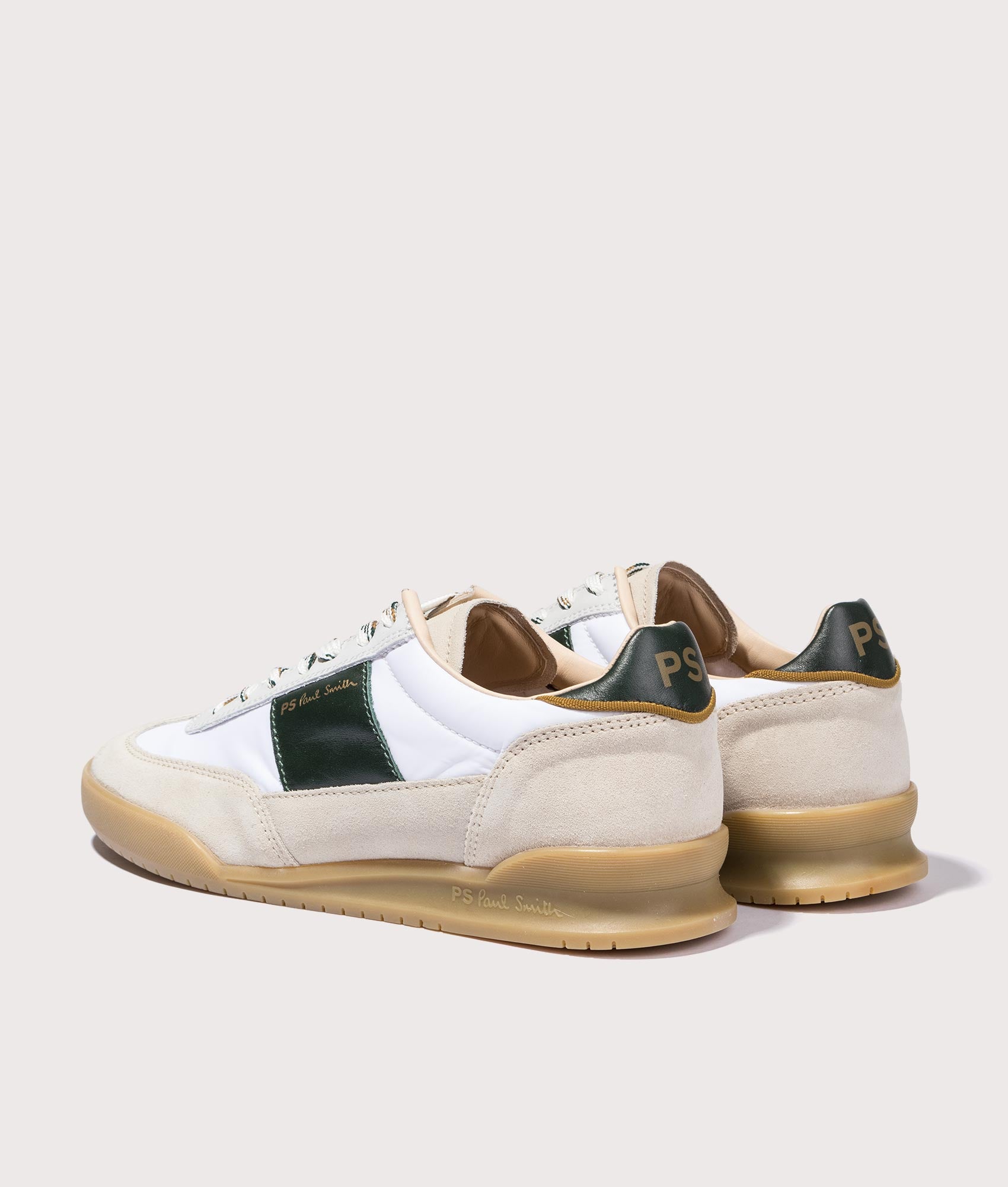 PS Paul Smith Dover White Green Tab Trainers in White, Beige and Black, made of Suede and Leather Back Shot at EQVVS