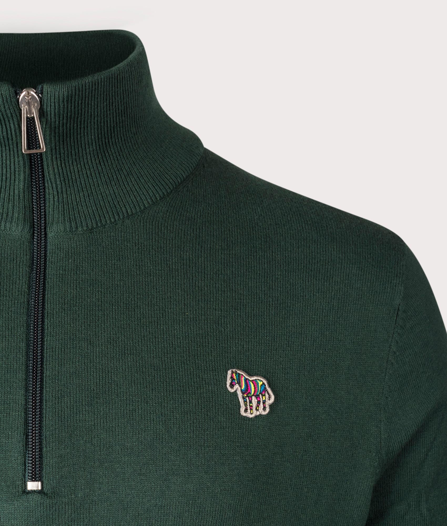 PS Paul Smith Zebra Badge Quarter Zip Sweatshirt for men at Bottle Green at EQVVS Detail Shot