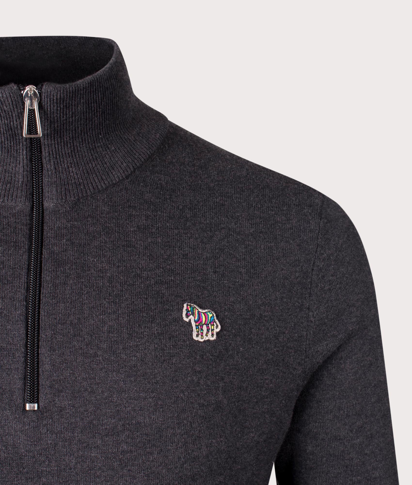 PS Paul Smith Zebra Badge Quarter Zip Sweatshirt for men in Black Melange at EQVVS detail Shot