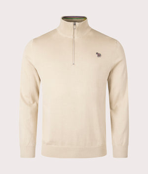 Paul Smith, Quarter Zip Zebra Badge Sweatshirt, Medium beige, Eqvvs Menswear, front shot angle
