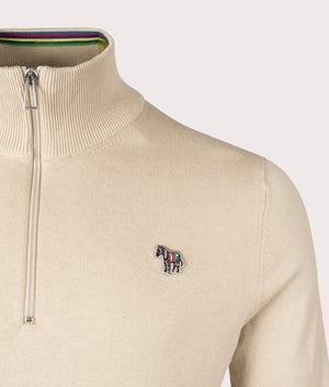 Paul Smith, Quarter Zip Zebra Badge Sweatshirt, Medium beige, Eqvvs Menswear, detailed shot angle
