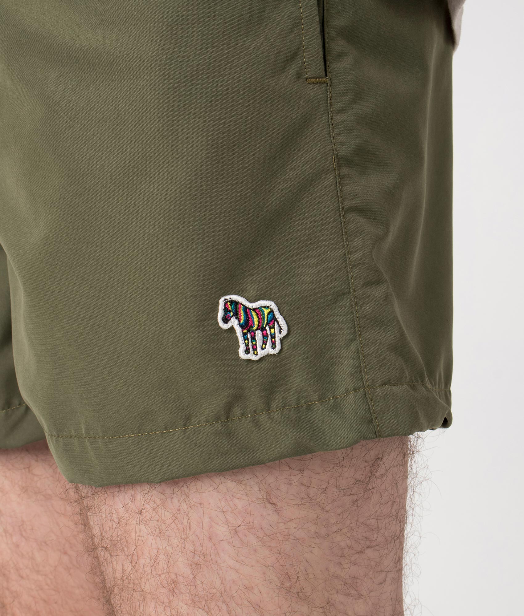 PS Paul Smith PS Zebra Swimshort in Military Green. Shot at EQVVS. Detail shot