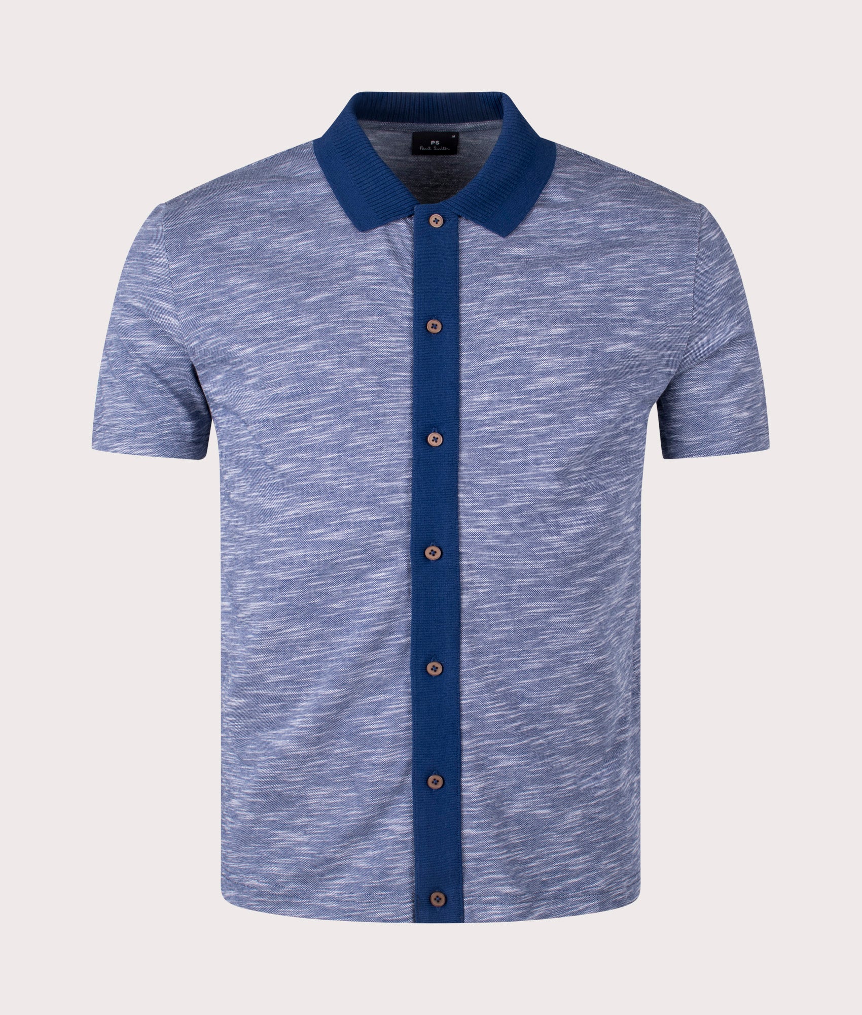 PS Paul Smith Organic Cotton Button Front Polo Shirt in Blue. Shot at EQVVS. Front shot