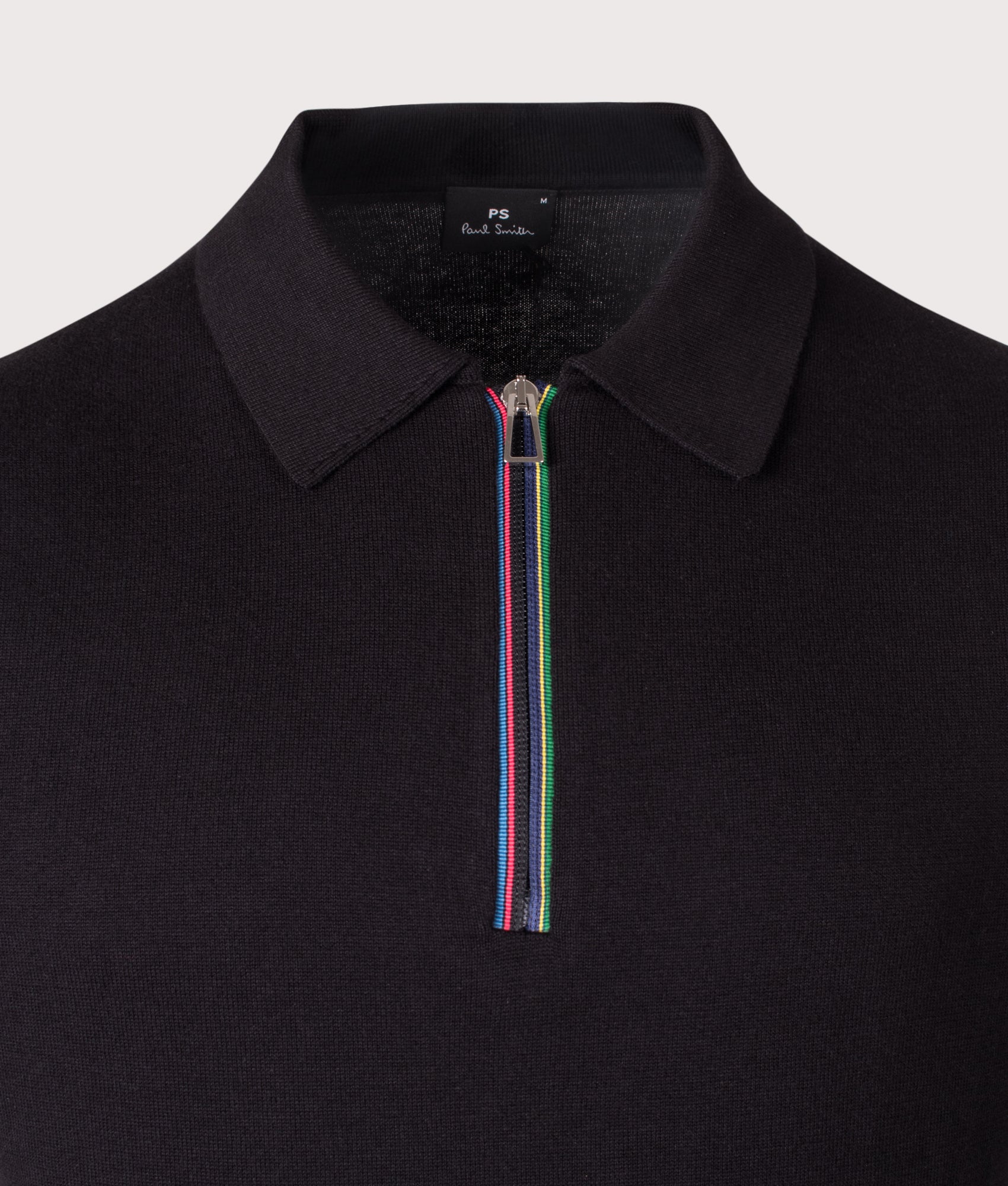 Sports Stripe Zip Knitted Cotton Polo Shirt. Shot by EQVVS. Front collar shot.