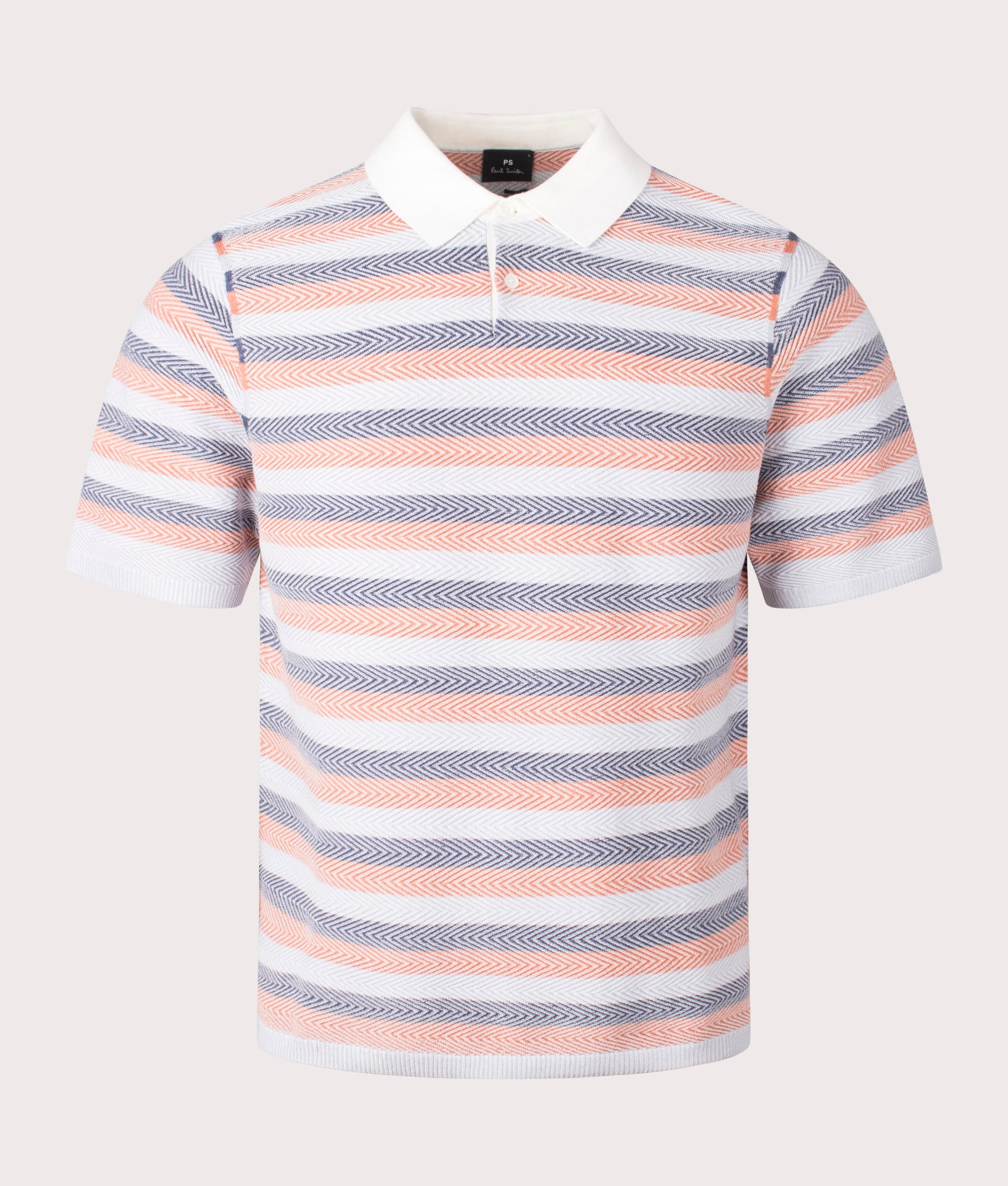 PS Paul Smith Striped Sweater Polo Shirt in Off White at EQVVS. Front Shot.