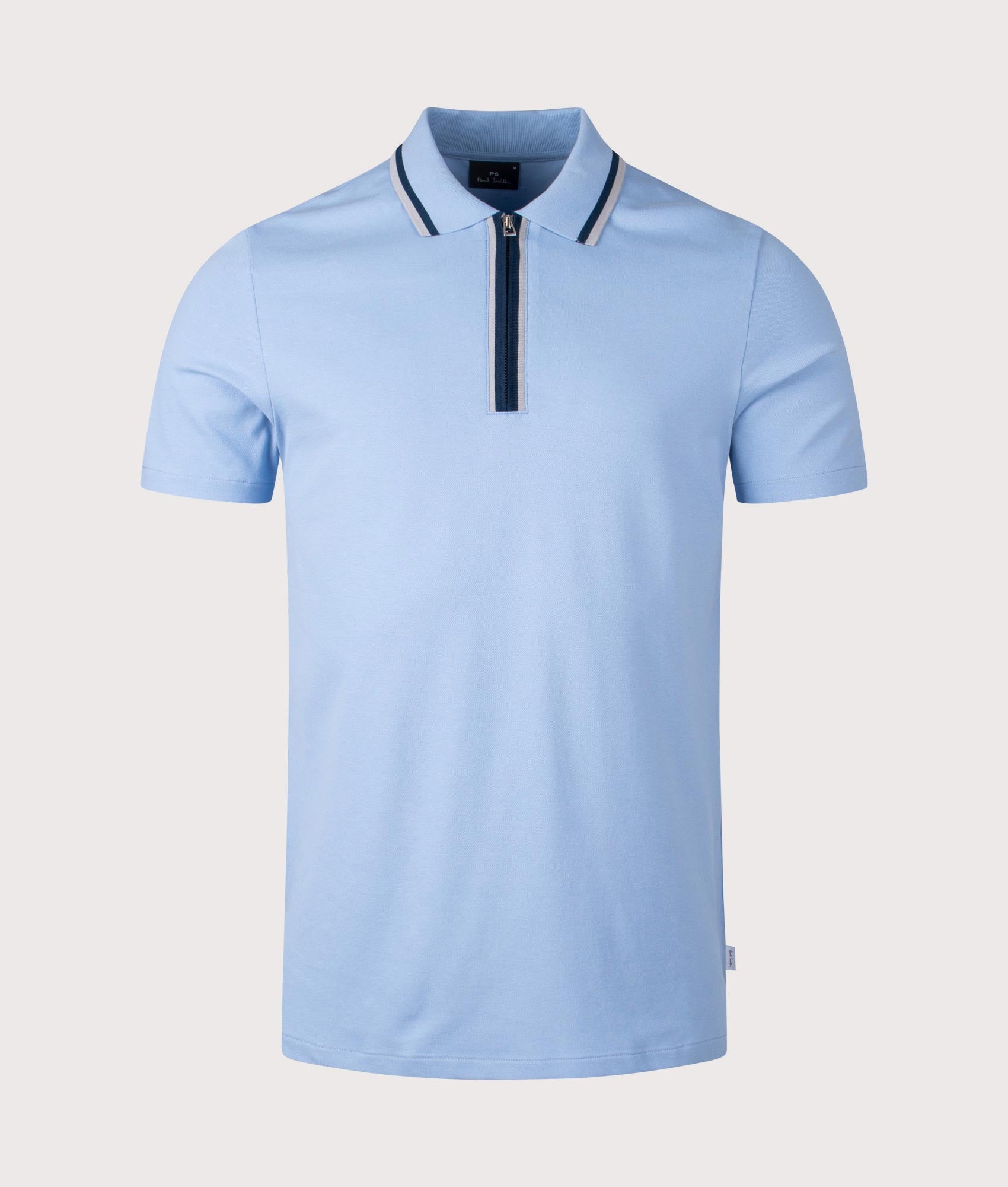 PS Paul Smith Quarter Zip Polo Shirt in Light Blue. Shot at EQVVS. Front shot. 