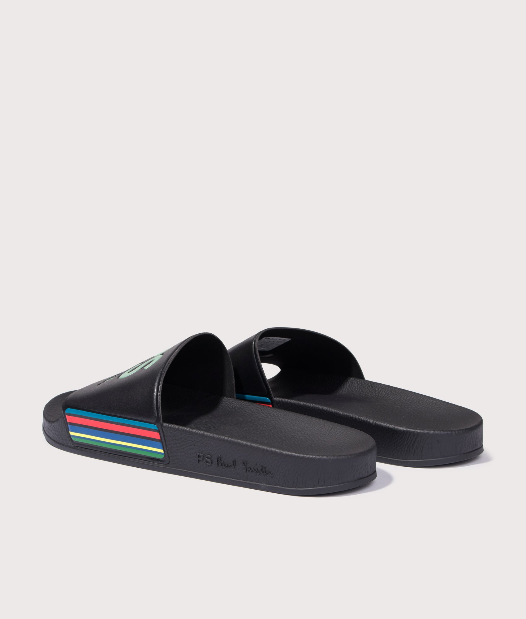 PS Paul Smith Zed Black Sports Stripe Sliders in Black at EQVVS Menswear. Angled back shot.