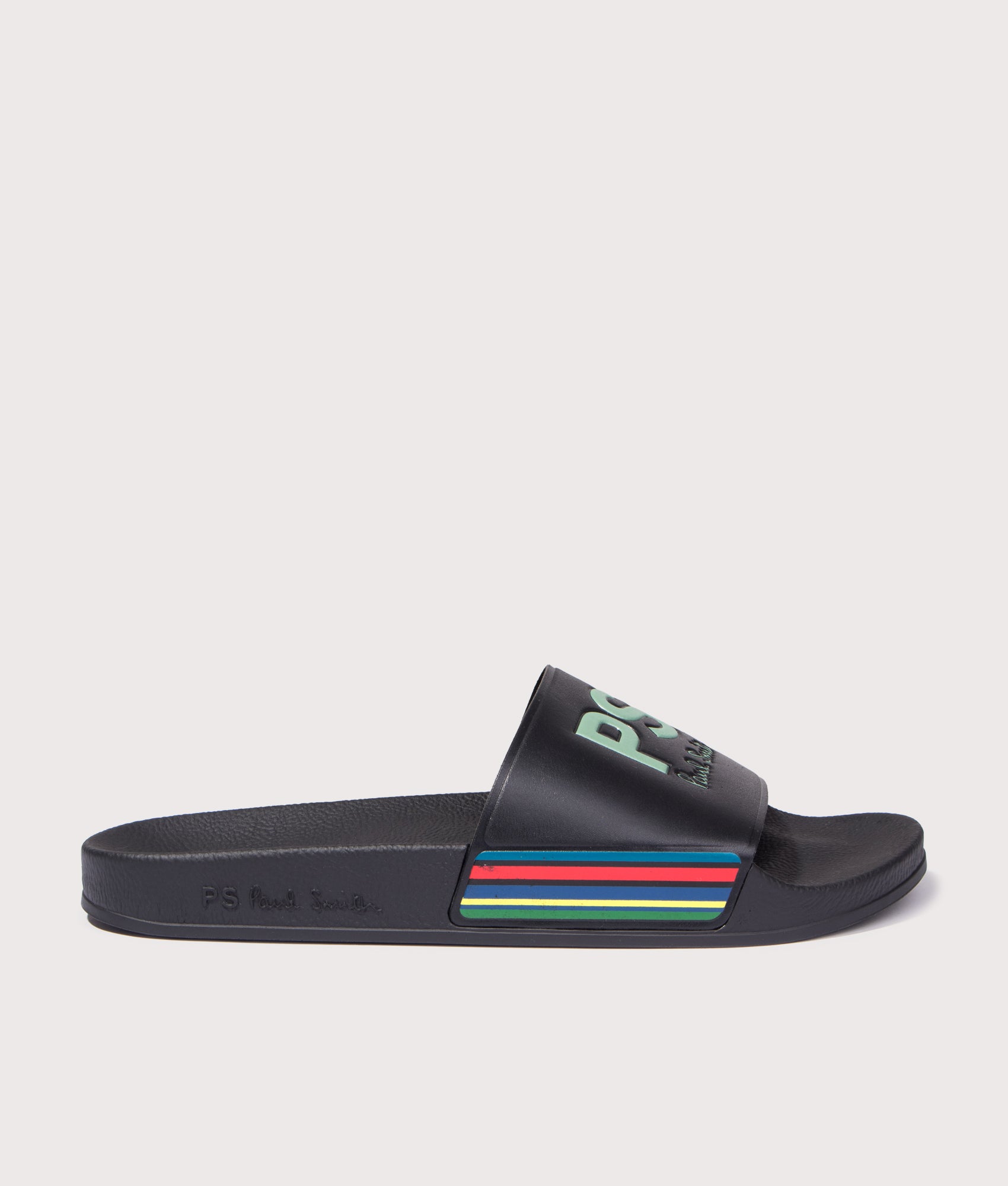 PS Paul Smith Zed Black Sports Stripe Sliders in Black at EQVVS Menswear. Side shot.