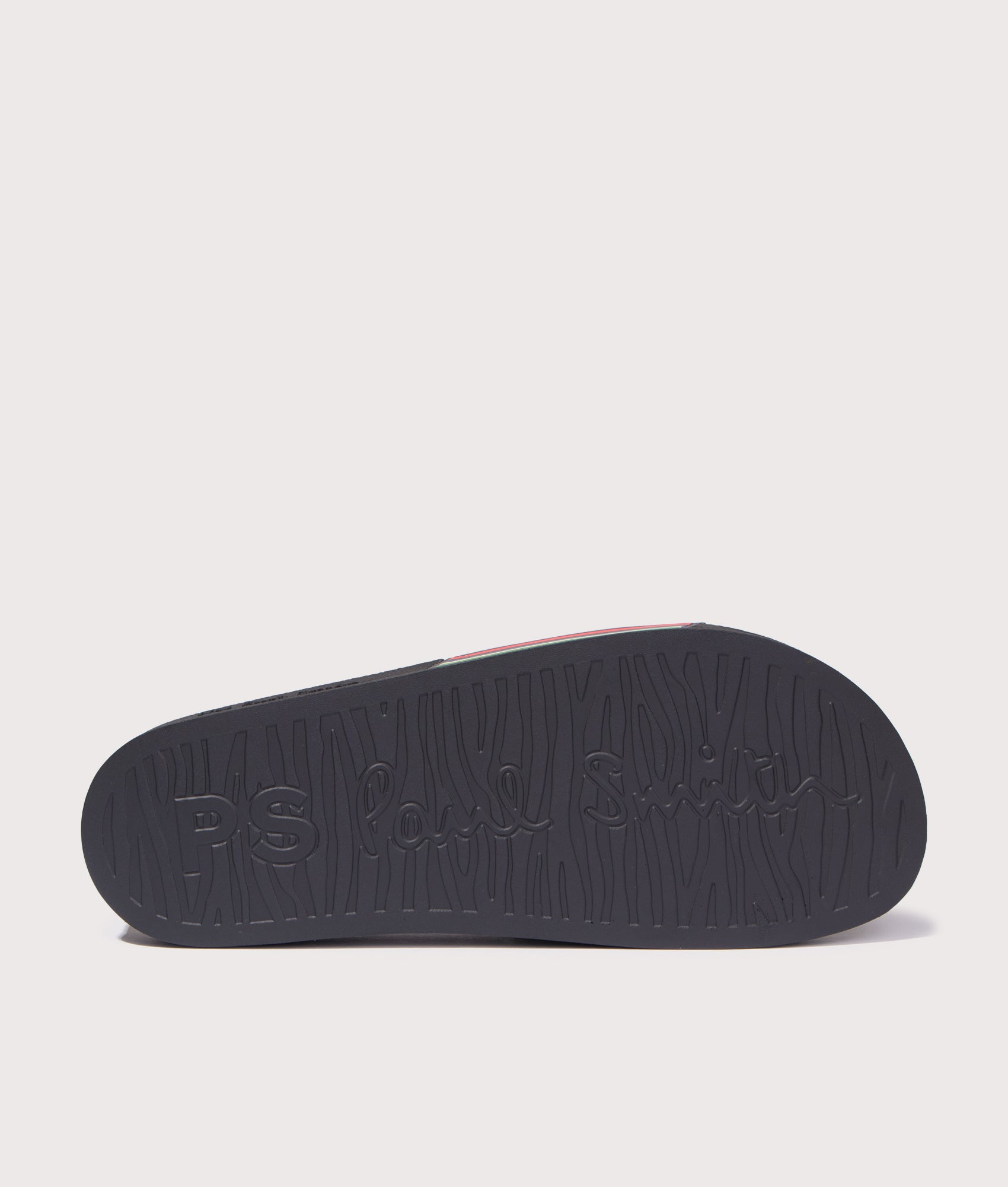 PS Paul Smith Zed Black Sports Stripe Sliders in Black at EQVVS Menswear. Bottom shot.