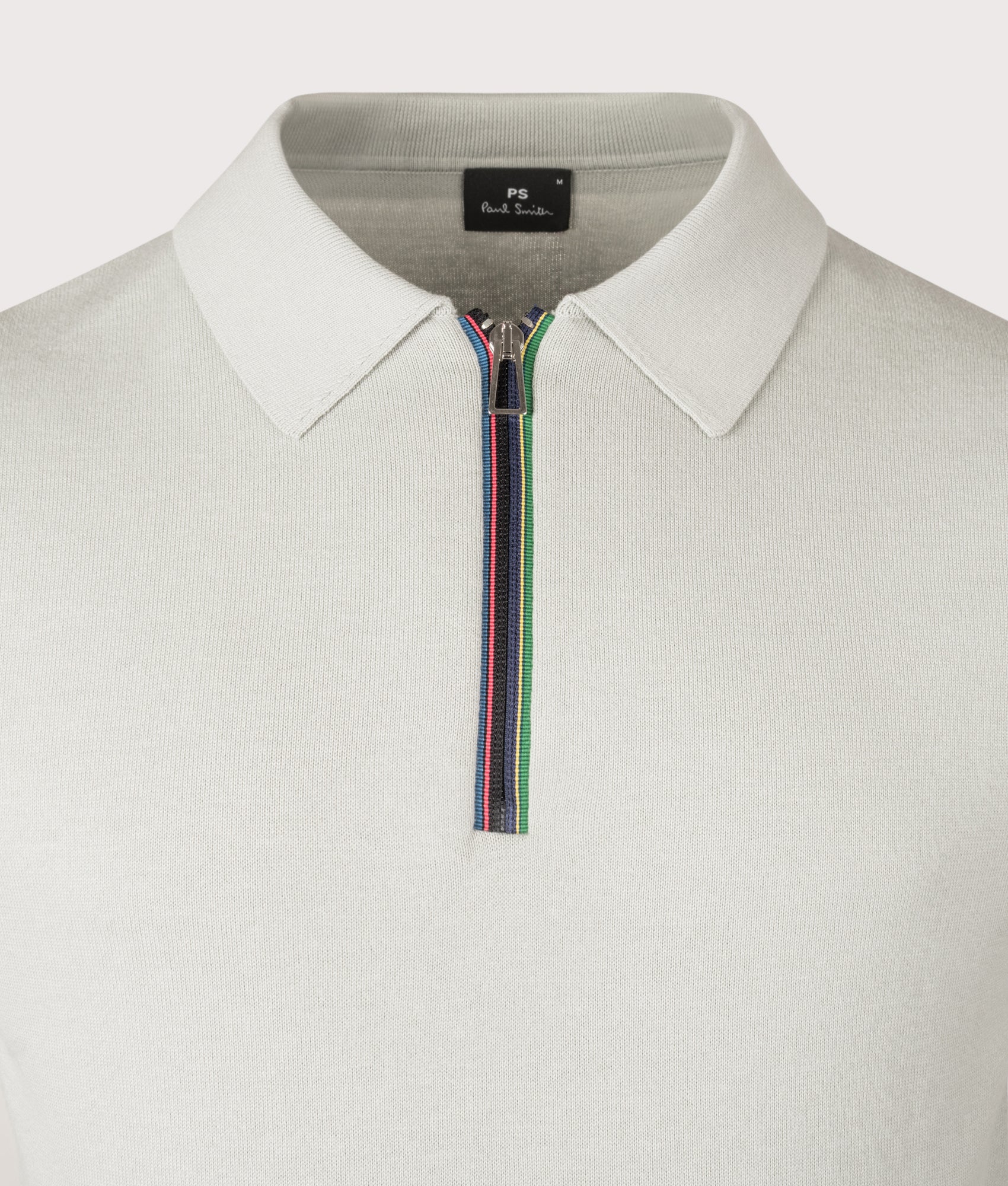 Sports Stripe Zip Knitted Cotton Polo Shirt. Shot by EQVVS. Front collar shot.