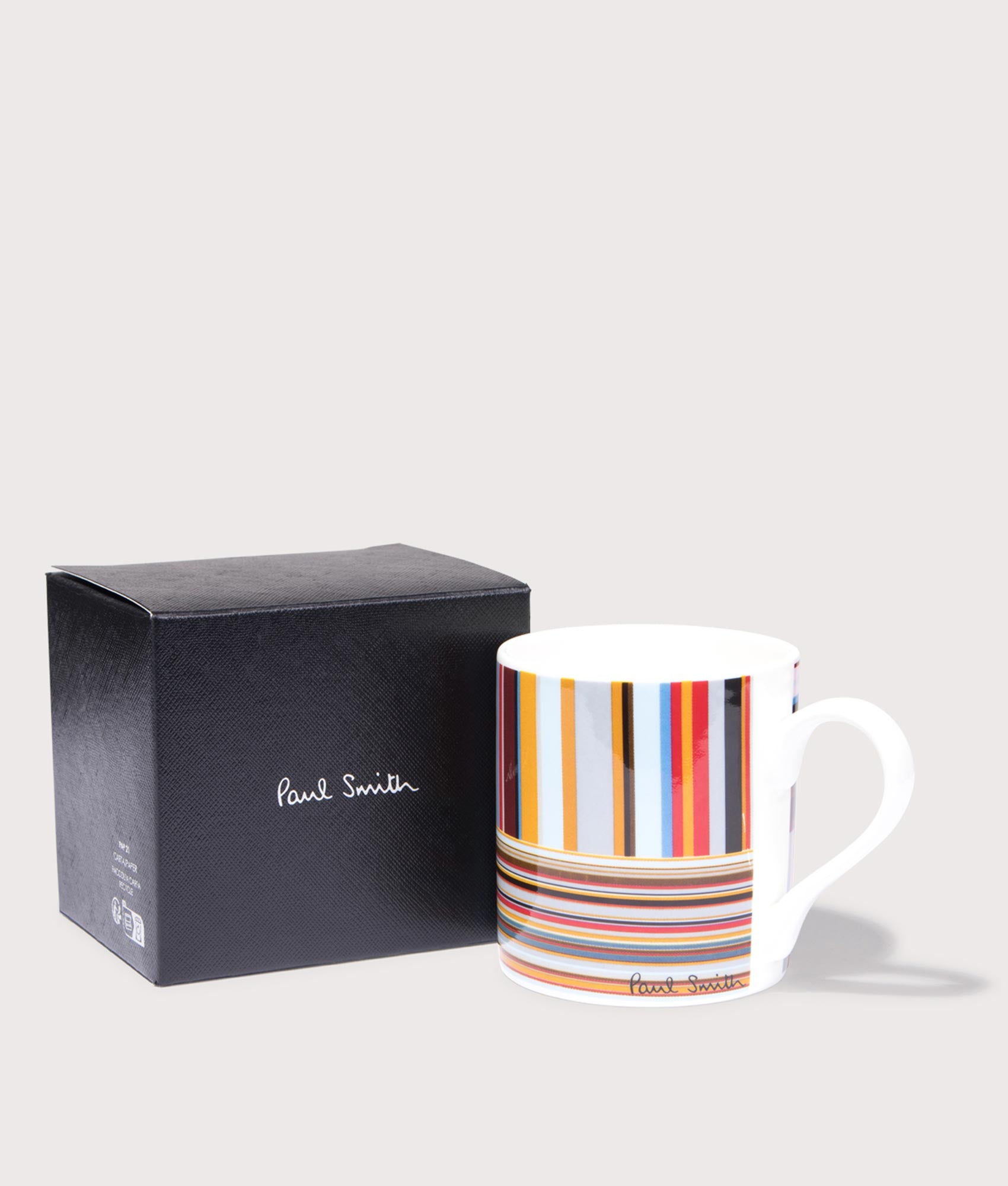 PS Paul Smith Bone China Printed Mug Multicoloured Signature Stripe. Product and box shot.