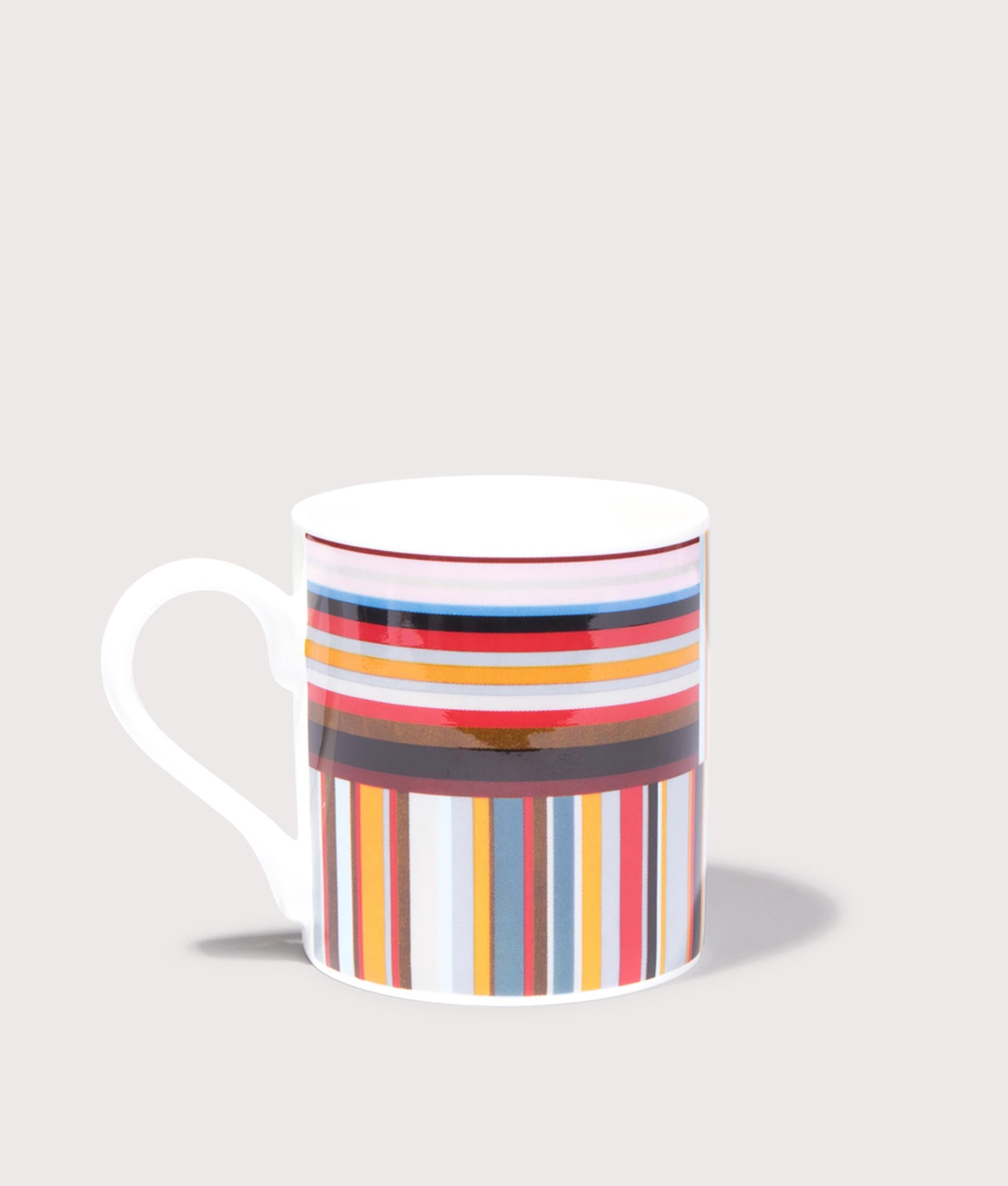 PS Paul Smith Bone China Printed Mug Multicoloured Signature Stripe. Side shot.