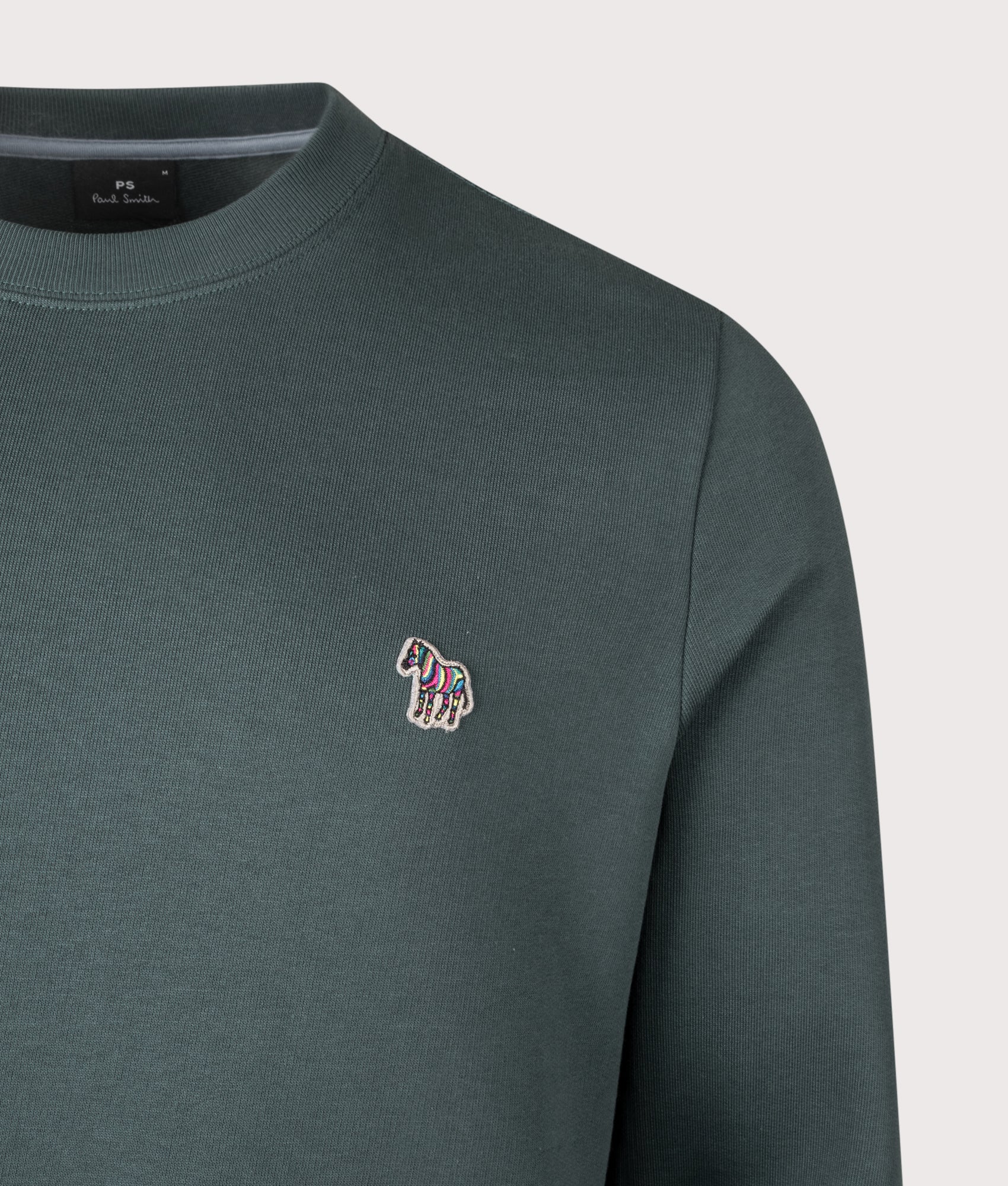 PS Paul Smith Zebra Sweatshirt in Petrol Green at EQVVS Menswear. Detail shot.