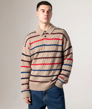 Striped Polo Collar Knit. Shot by EQVVS. Front model shot.