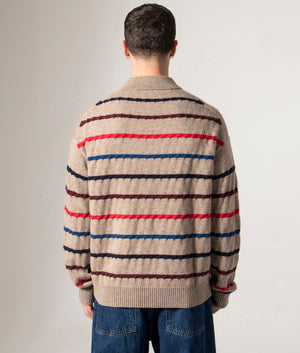 Striped Polo Collar Knit. Shot by EQVVS. Back model shot.
