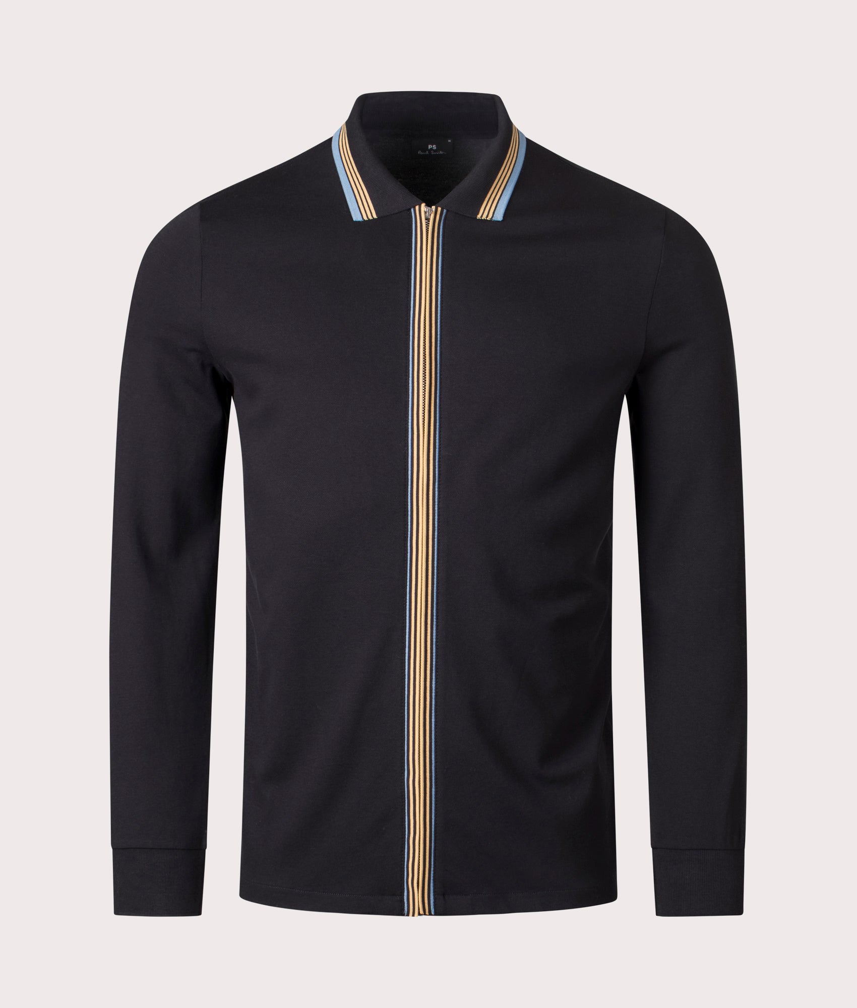 Long Sleeve Zip Through Polo Shirt in Black | 100% Cotton | PS Paul Smith | EQVVS | Front shot 